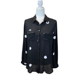 LOFT Polka Dot Sheer Blouse Black White Button Shirt Parisian Corporate Chic M